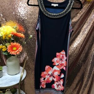 Navy Blue and Floral Print Dress